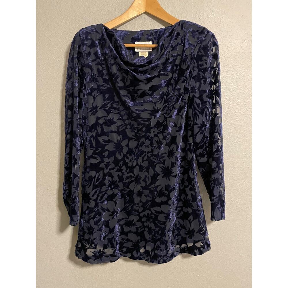 Vintage Womens Tunic 10 Petite Blue Velvet Floral Cowl Neck Romantic Fairy 90s